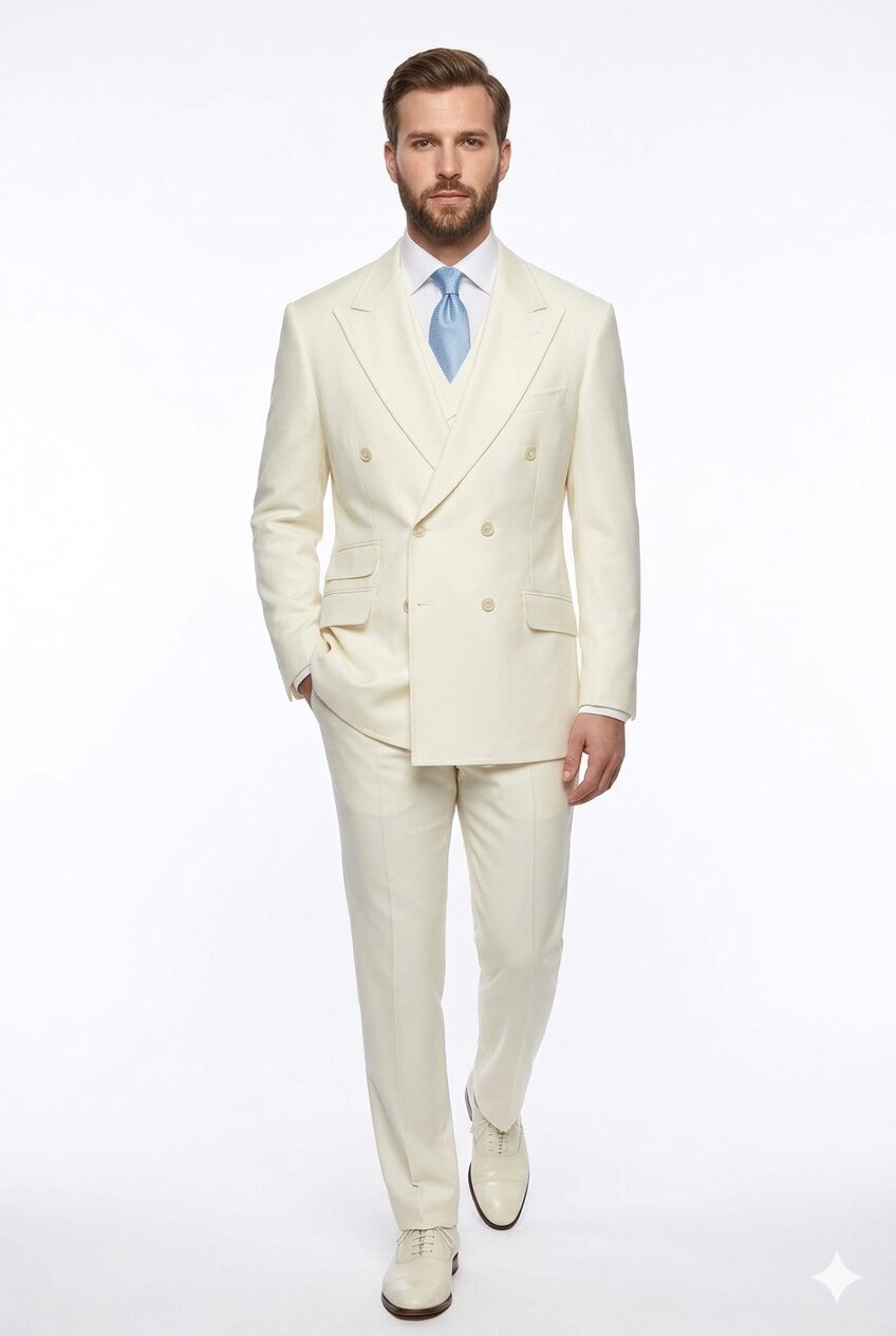 Tiglio Italian Suit - Real Wool Fabric Super 150's EST Off-White, Wide Leg Suit & Vest in Color Off-White - 40R