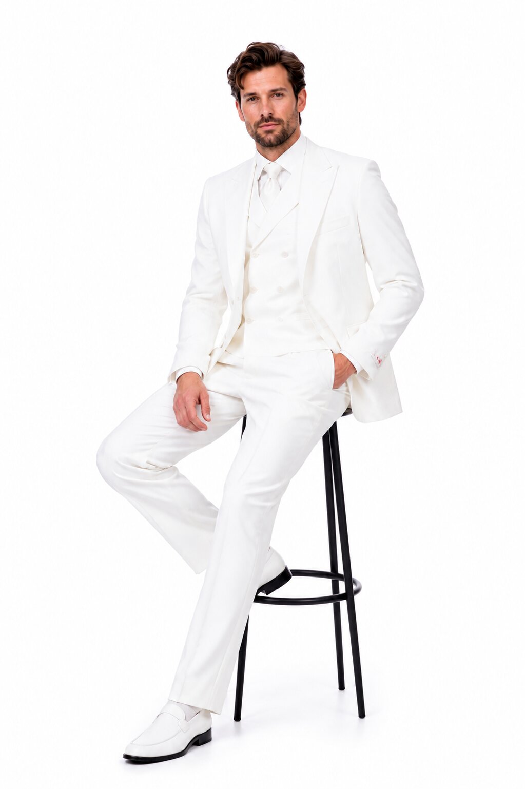 Tiglio Italian Suit - Real Wool Fabric Super 150's San Giovesse off White, Wide Leg Suit & Vest super 150" wool in Color Off White - 38R