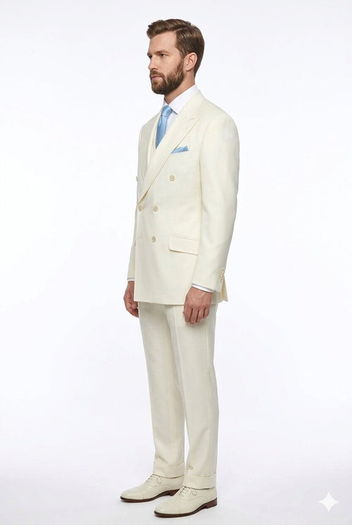 Tiglio Italian Suit - Real Wool Fabric Super 150's EST Off-White, Wide Leg Suit & Vest in Color Off-White