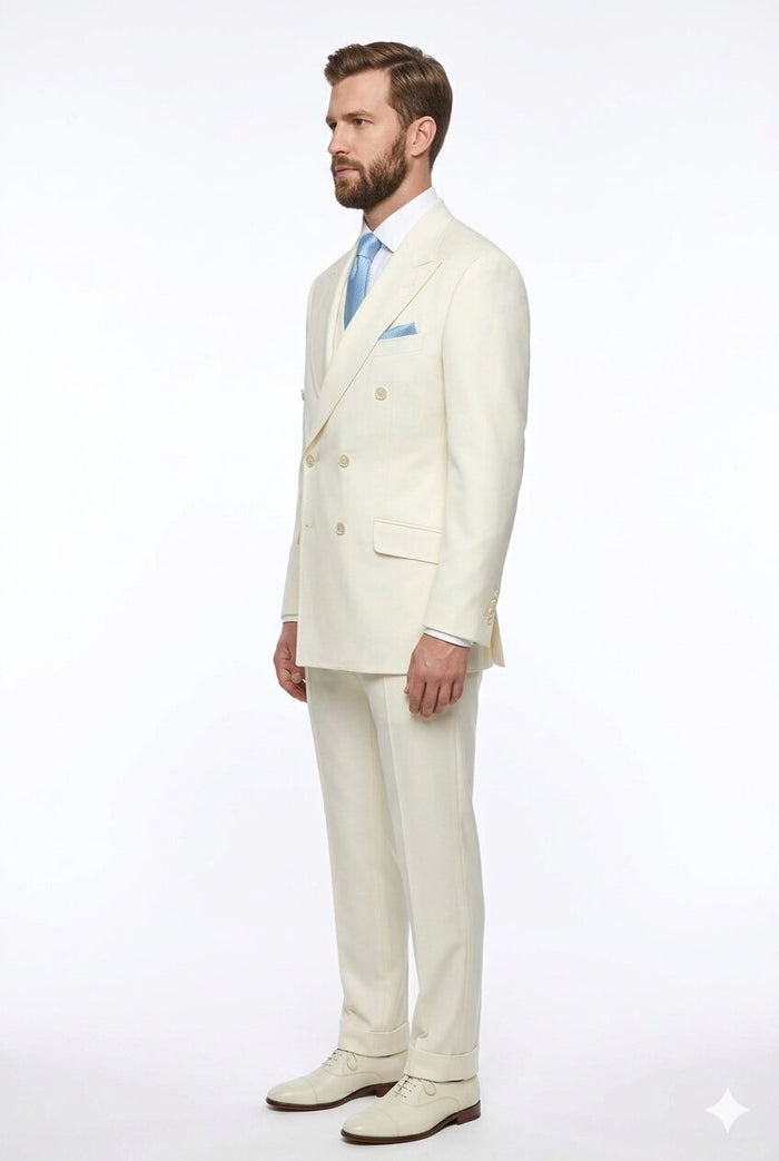 Tiglio Italian Suit - Real Wool Fabric Super 150's EST Off-White, Wide Leg Suit & Vest in Color Off-White