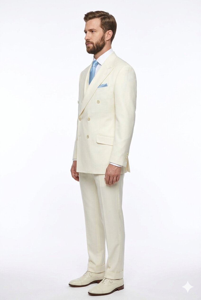 Tiglio Italian Suit - Real Wool Fabric Super 150's EST Off-White, Wide Leg Suit & Vest in Color Off-White