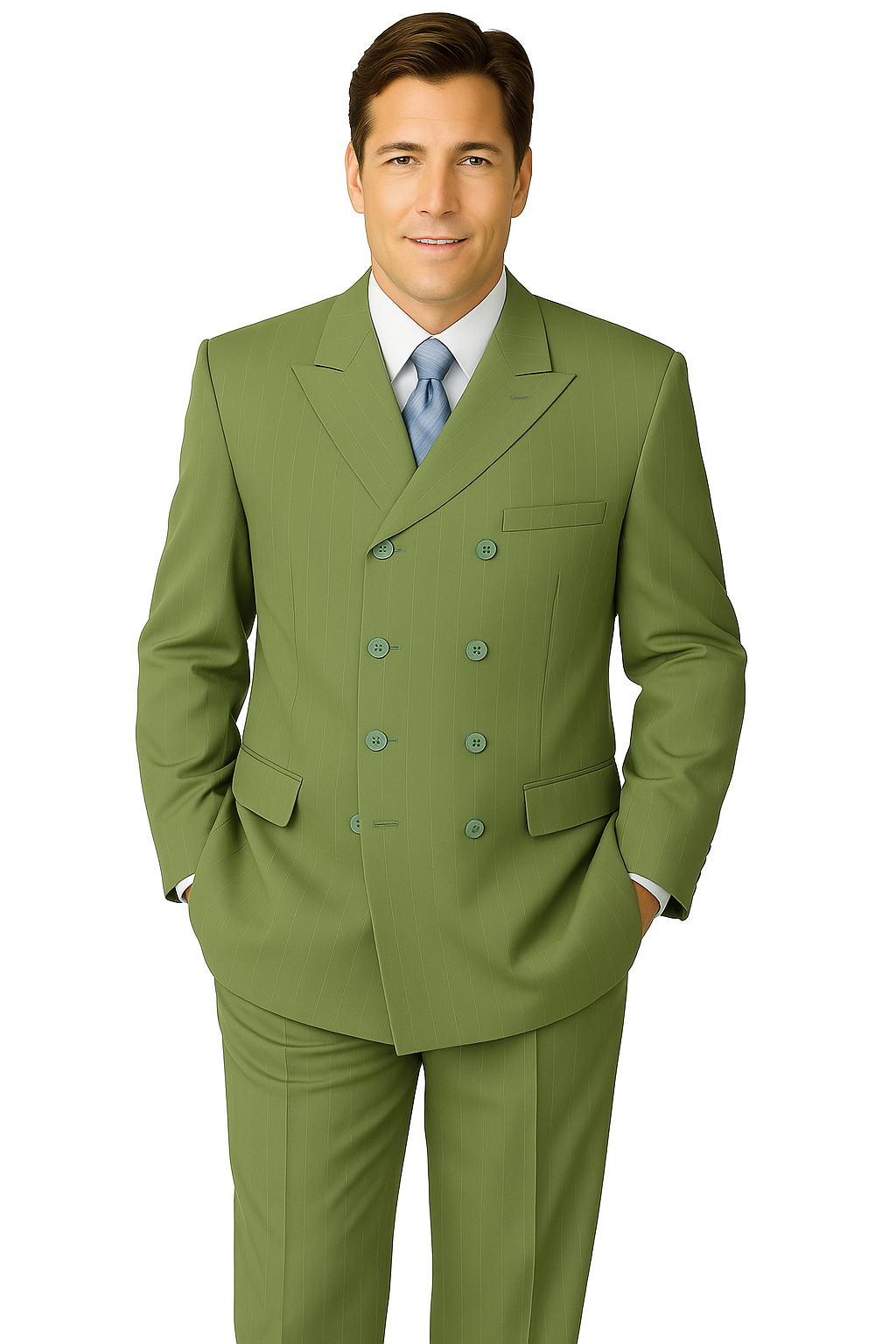 Man wearing a green suit with a blue tie on a white background
