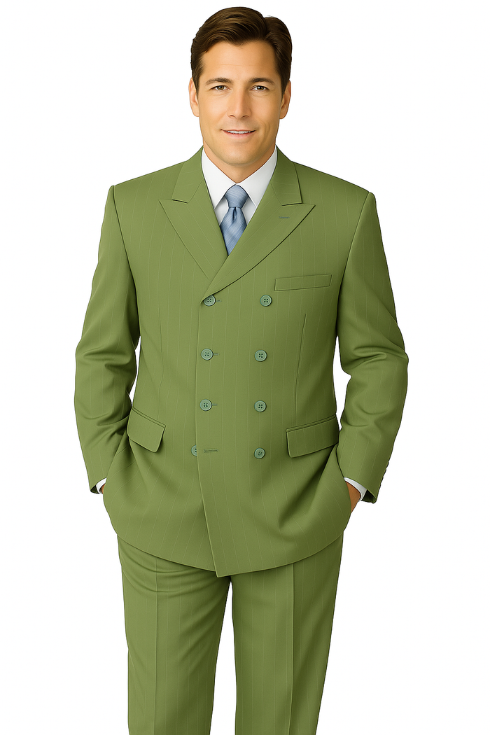 Man wearing a green suit with a blue tie on a white background
