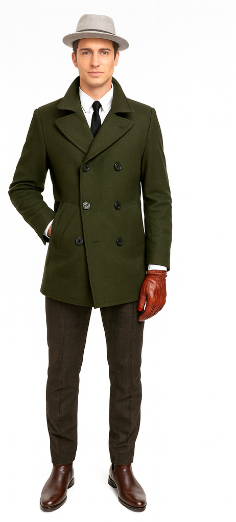 Men's Olive Green Designer Men's Wool Men's Peacoat Sale Double Breasted Wool Fabric