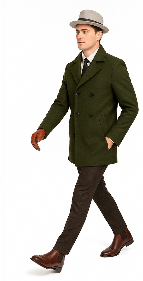 Men's Olive Green Designer Men's Wool Men's Peacoat Sale Double Breasted Wool Fabric