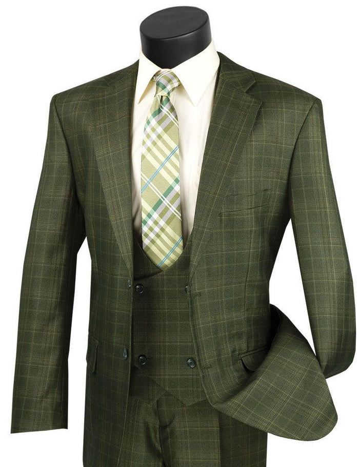 Harlem Nights Suits for Men - Mens Olive Green Plaid 3 Piece Suit Low Cut Vest 1920s Vinci V2RW-7