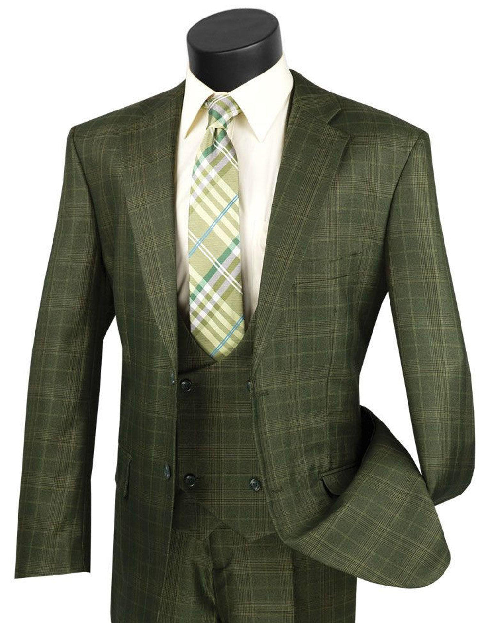 Mens Olive Green Plaid 3 Piece Suit Low Cut Vest - 34 Short or Extra Small