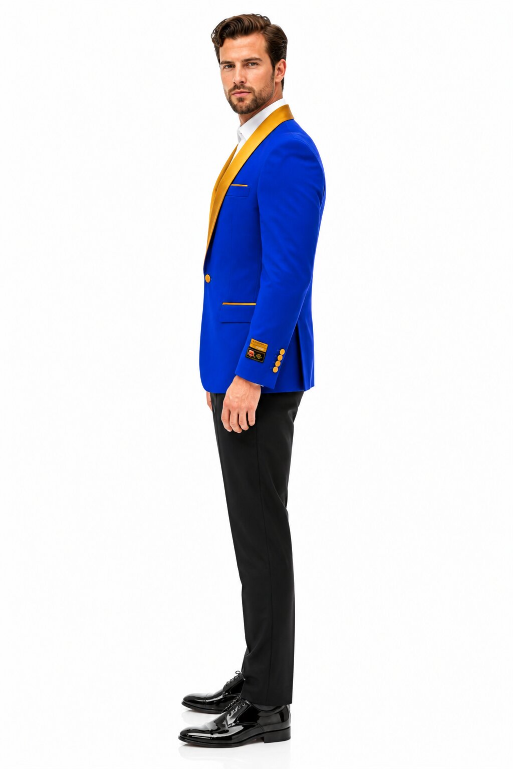 Mens Royal Blue Prom 2026 Tuxedo - Mens One Button Contrast Shawl Collar Dinner Jacket Royal Blue & Gold - 52 Long