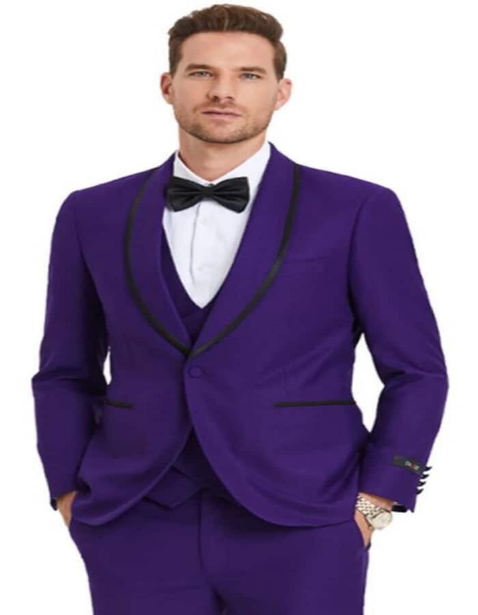 Mens One Button Vested Shawl Tuxedo in Purple Birdseye with Black Satin Trim