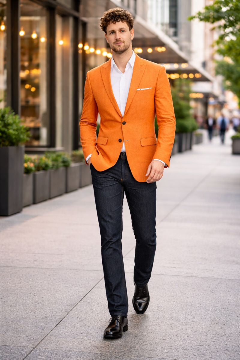 Mens Orange Blazer With Gold Buttons - Orange Sport Coat-New Designer Collection - 36 Short