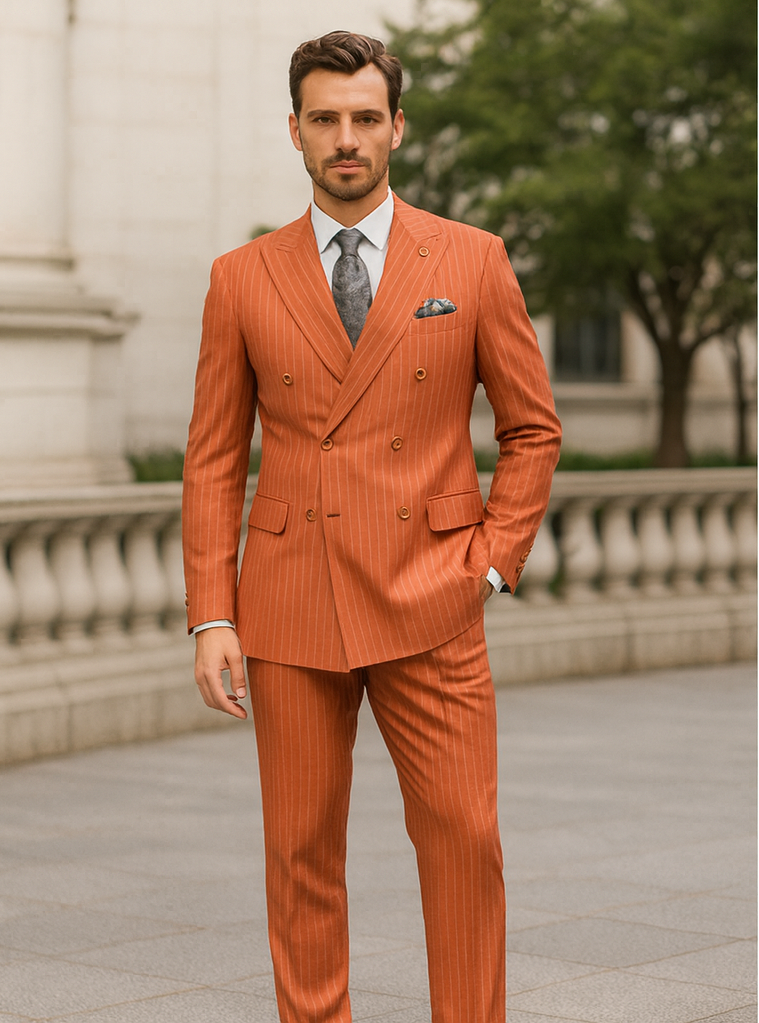 Classic Orange Striped Suit for Men – Double-Breasted Design - 34 Short or Extra Small