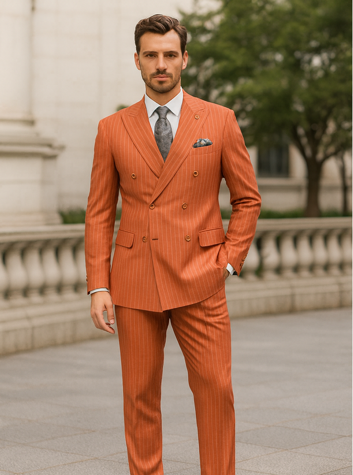 Classic Orange Striped Suit for Men Double-Breasted Design
