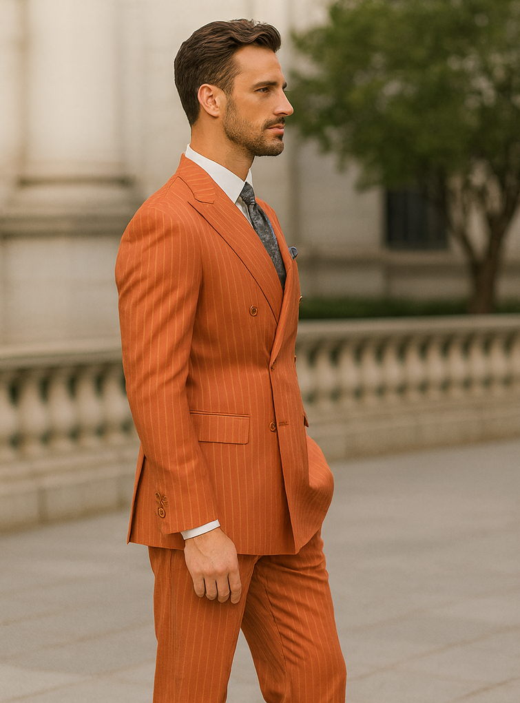 Classic Orange Striped Suit for Men – Double-Breasted Design - 34 Short or Extra Small