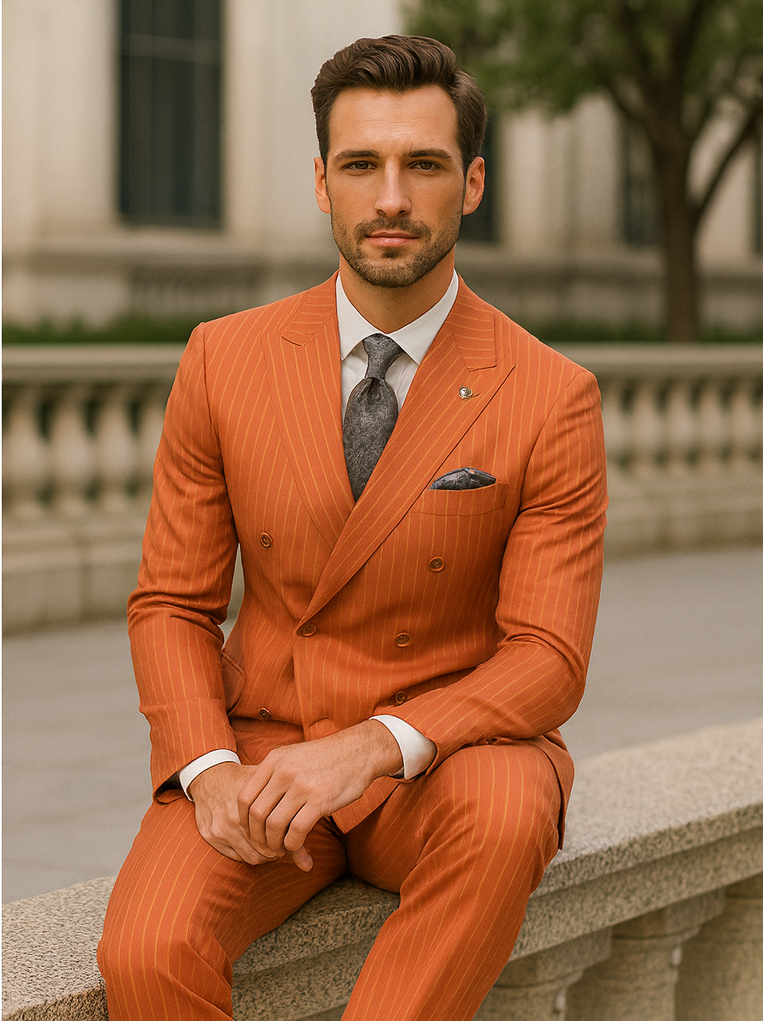 Classic Orange Striped Suit for Men – Double-Breasted Design - 34 Short or Extra Small