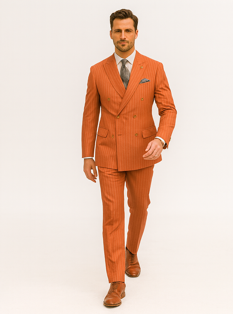 Classic Orange Striped Suit for Men – Double-Breasted Design - 34 Short or Extra Small