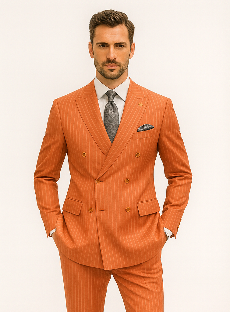 Classic Orange Striped Suit for Men – Double-Breasted Design - 34 Short or Extra Small