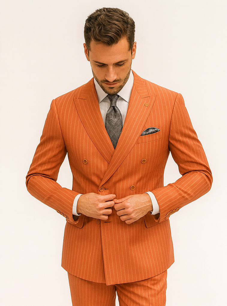 Classic Orange Striped Suit for Men – Double-Breasted Design - 34 Short or Extra Small