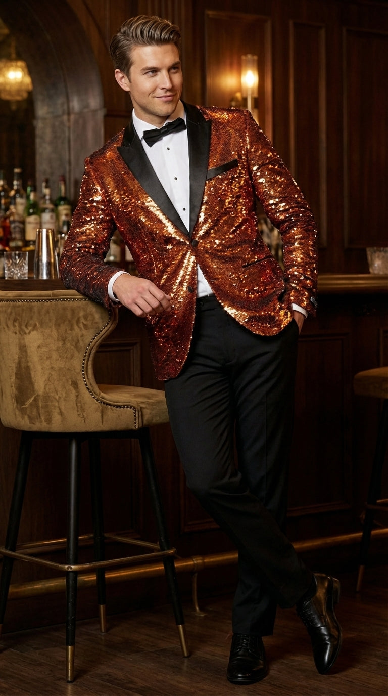 Mens Orange Sequin Blazer Tuxedo Dinner Jacket – Shiny Party Dinner Jacket with Black Lapel for Wedding, Prom, Stage Kingsman Jacket - 34 Short or Extra Small