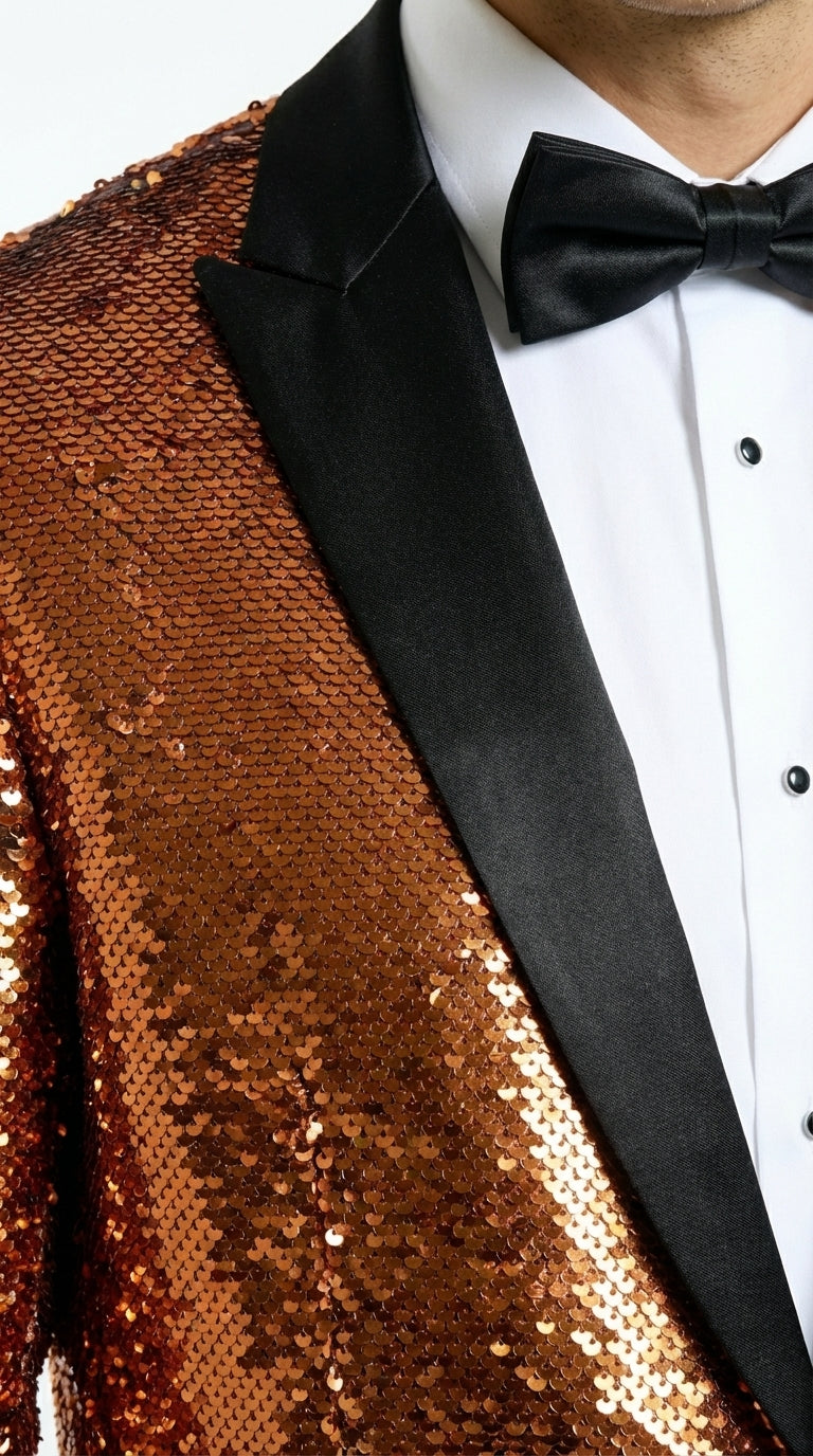 Mens Orange Sequin Blazer Tuxedo Dinner Jacket – Shiny Party Dinner Jacket with Black Lapel for Wedding, Prom, Stage Kingsman Jacket - 34 Short or Extra Small