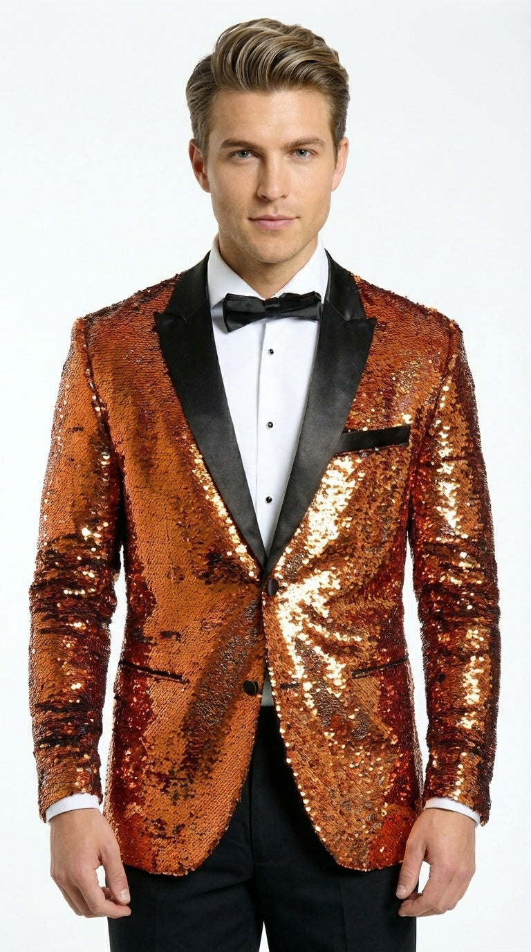 Mens Orange Sequin Blazer Tuxedo Dinner Jacket – Shiny Party Dinner Jacket with Black Lapel for Wedding, Prom, Stage Kingsman Jacket - 34 Short or Extra Small