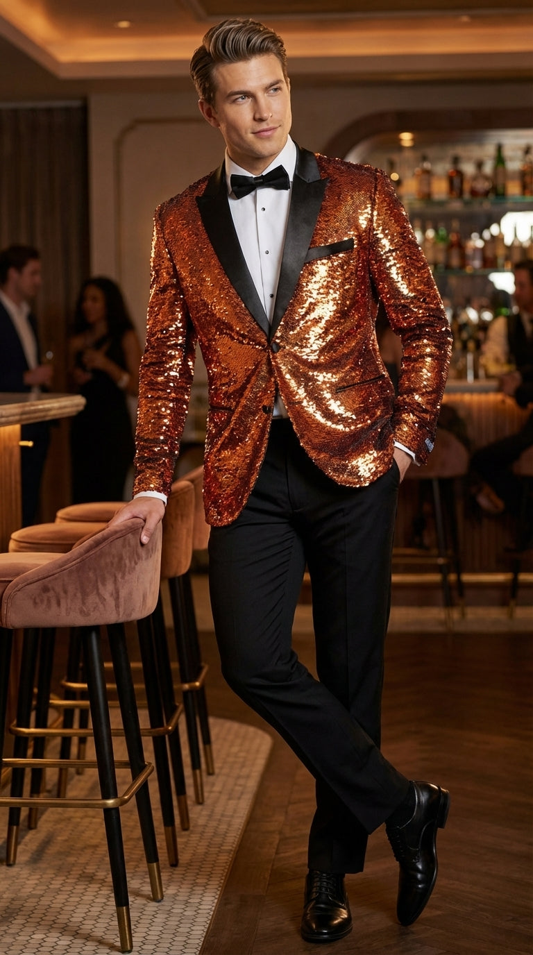 Mens Orange Sequin Blazer Tuxedo Dinner Jacket – Shiny Party Dinner Jacket with Black Lapel for Wedding, Prom, Stage Kingsman Jacket - 34 Short or Extra Small
