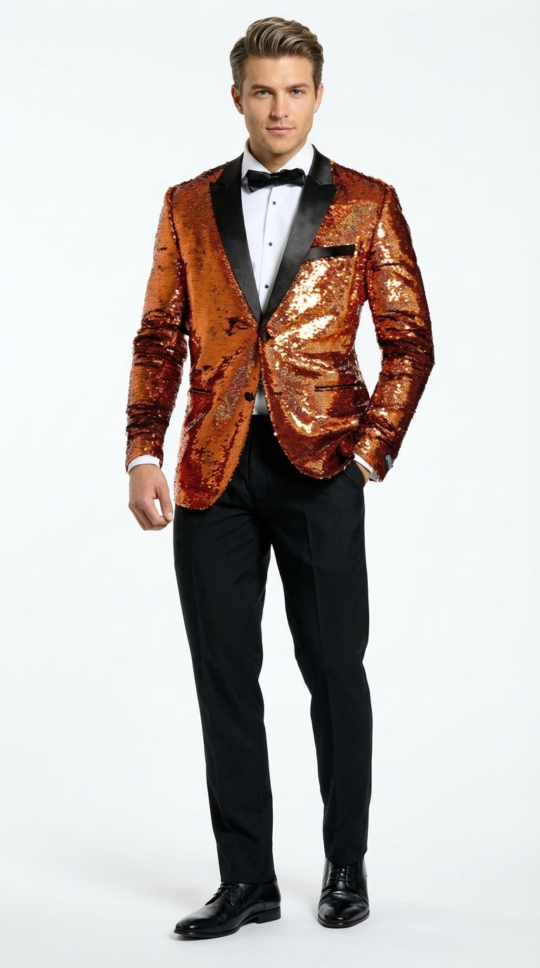 Mens Orange Sequin Blazer Tuxedo Dinner Jacket – Shiny Party Dinner Jacket with Black Lapel for Wedding, Prom, Stage Kingsman Jacket - 34 Short or Extra Small
