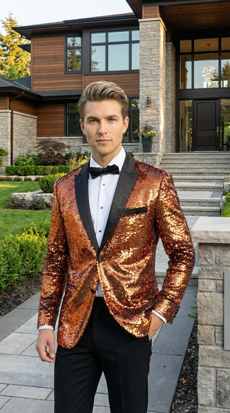 Mens Orange Sequin Blazer Tuxedo Dinner Jacket – Shiny Party Dinner Jacket with Black Lapel for Wedding, Prom, Stage Kingsman Jacket - 34 Short or Extra Small