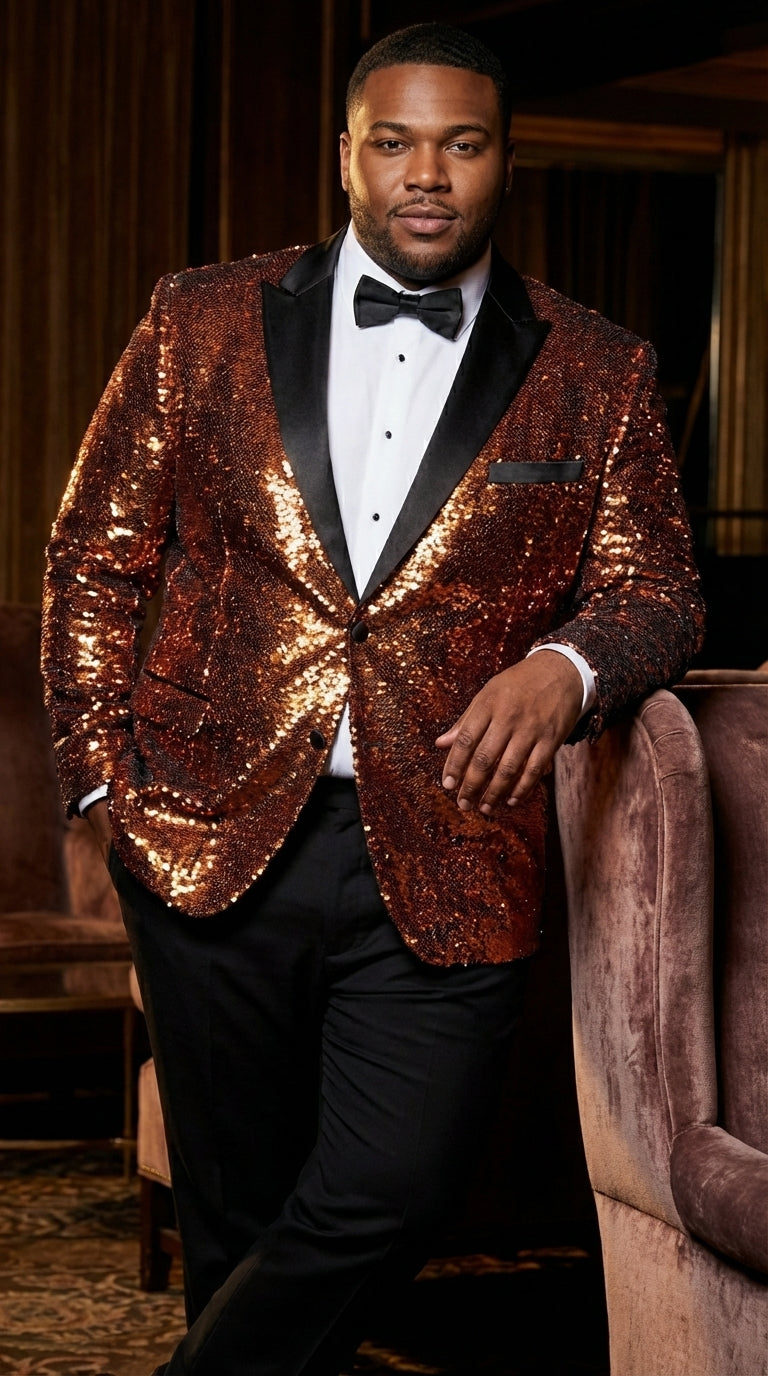 Mens Orange Sequin Blazer Tuxedo Dinner Jacket – Shiny Party Dinner Jacket with Black Lapel for Wedding, Prom, Stage Kingsman Jacket - 34 Short or Extra Small