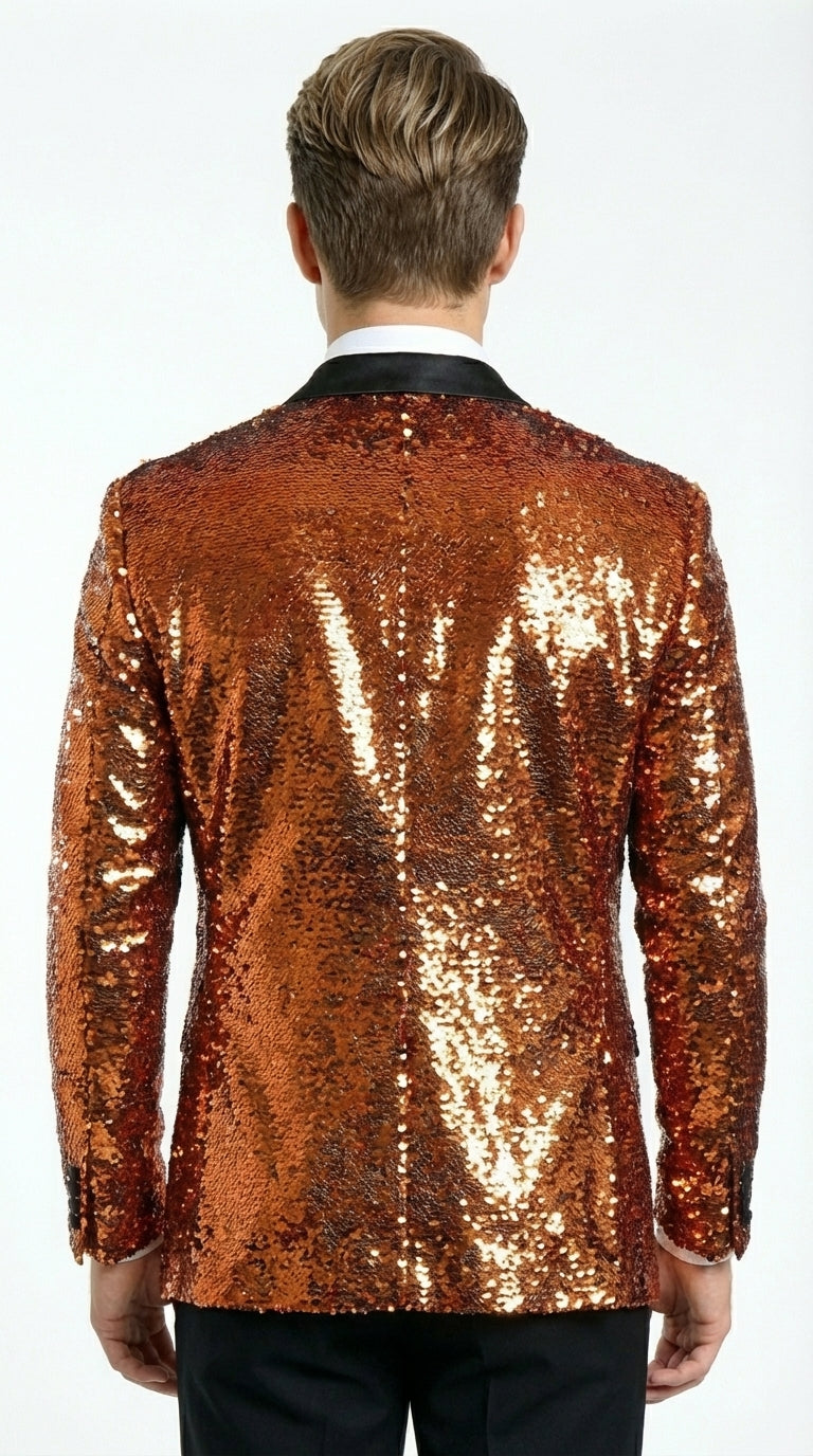 Mens Orange Sequin Blazer Tuxedo Dinner Jacket – Shiny Party Dinner Jacket with Black Lapel for Wedding, Prom, Stage Kingsman Jacket - 34 Short or Extra Small