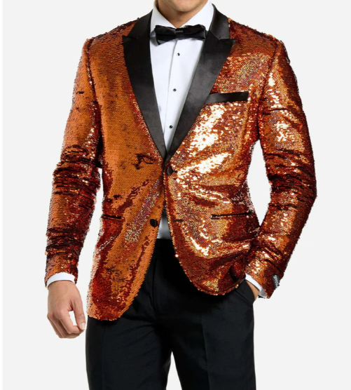 Mens Orange Sequin Blazer Tuxedo Dinner Jacket – Shiny Party Dinner Jacket with Black Lapel for Wedding, Prom, Stage Kingsman Jacket - 34 Short or Extra Small