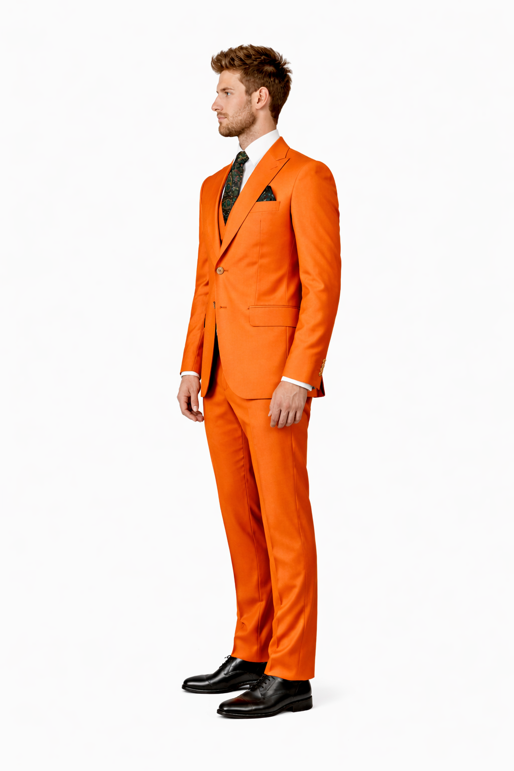 Mens Orange Suit With Double Breasted Vest-New Designer Collection - 38 Short Jacket+32 Waist Adjustable 28to34)(Height: 5 4 to5 7 )(Neck  15-16.5)S-M)