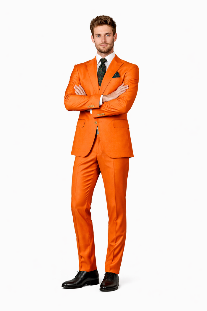 Mens Orange Suit With Double Breasted Vest - Ticket Pocket-New Designer Collection