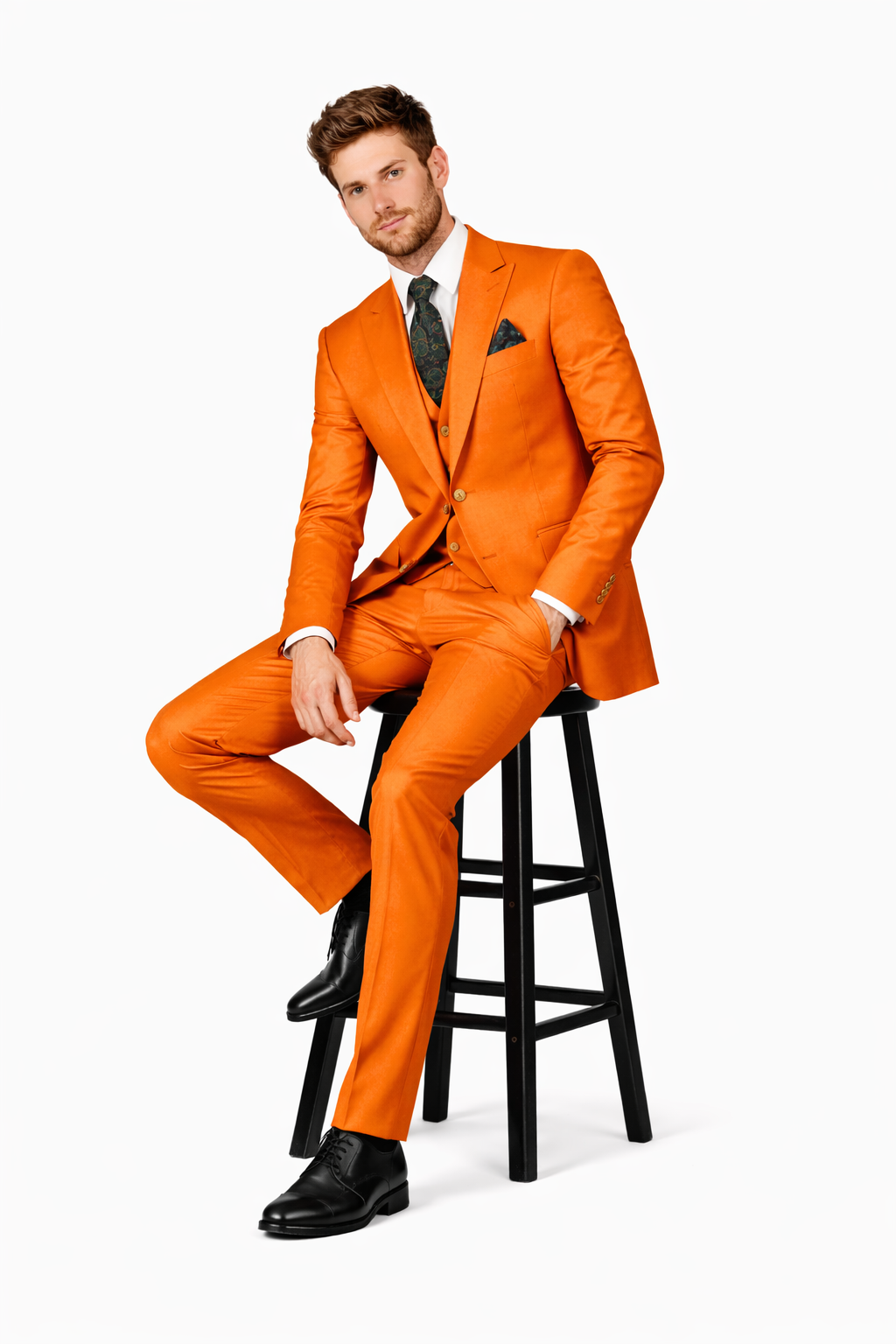 Mens Orange Suit With Double Breasted Vest - Ticket Pocket-New Designer Collection - 38 Short Jacket+32 Waist Adjustable 28to34)(Height: 5 4 to5 7 )(Neck  15-16.5)S-M)