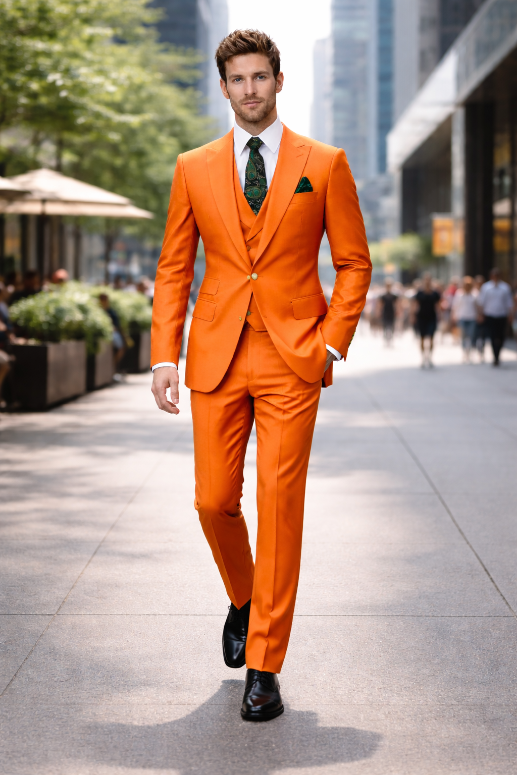 Mens Orange Suit With Double Breasted Vest - Ticket Pocket-New Designer Collection - 38 Short Jacket+32 Waist Adjustable 28to34)(Height: 5 4 to5 7 )(Neck  15-16.5)S-M)