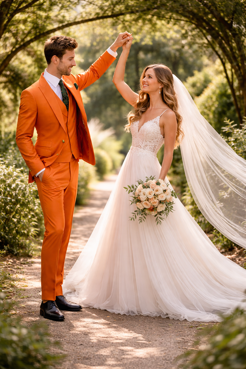 Mens Orange Suit With Double Breasted Vest - Ticket Pocket-New Designer Collection