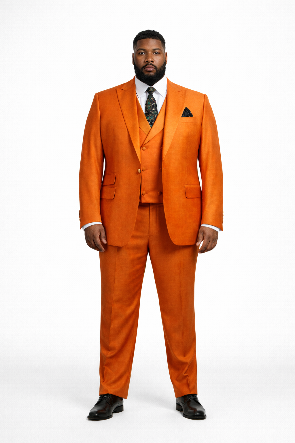 Mens Orange Suit With Double Breasted Vest-New Designer Collection - 38 Short Jacket+32 Waist Adjustable 28to34)(Height: 5 4 to5 7 )(Neck  15-16.5)S-M)