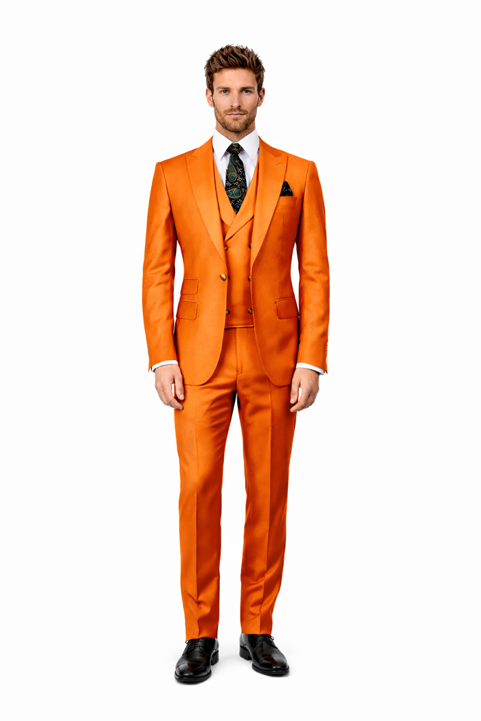 Mens Orange Suit With Double Breasted Vest - Ticket Pocket-New Designer Collection