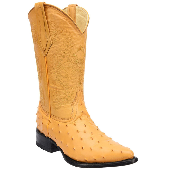 Men's Ostrich Print Leather J-Toe Boots - Black - 6