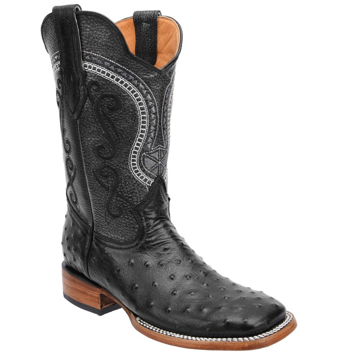 Men's Ostrich Print Leather Square Toe Boots - Black - 6