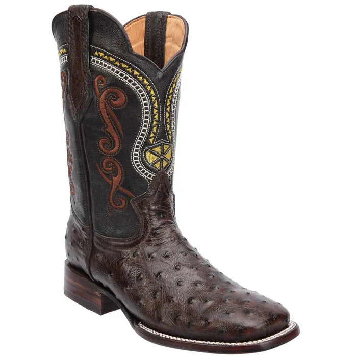 Men's Ostrich Print Leather Square Toe Boots - Dark Brown - 6