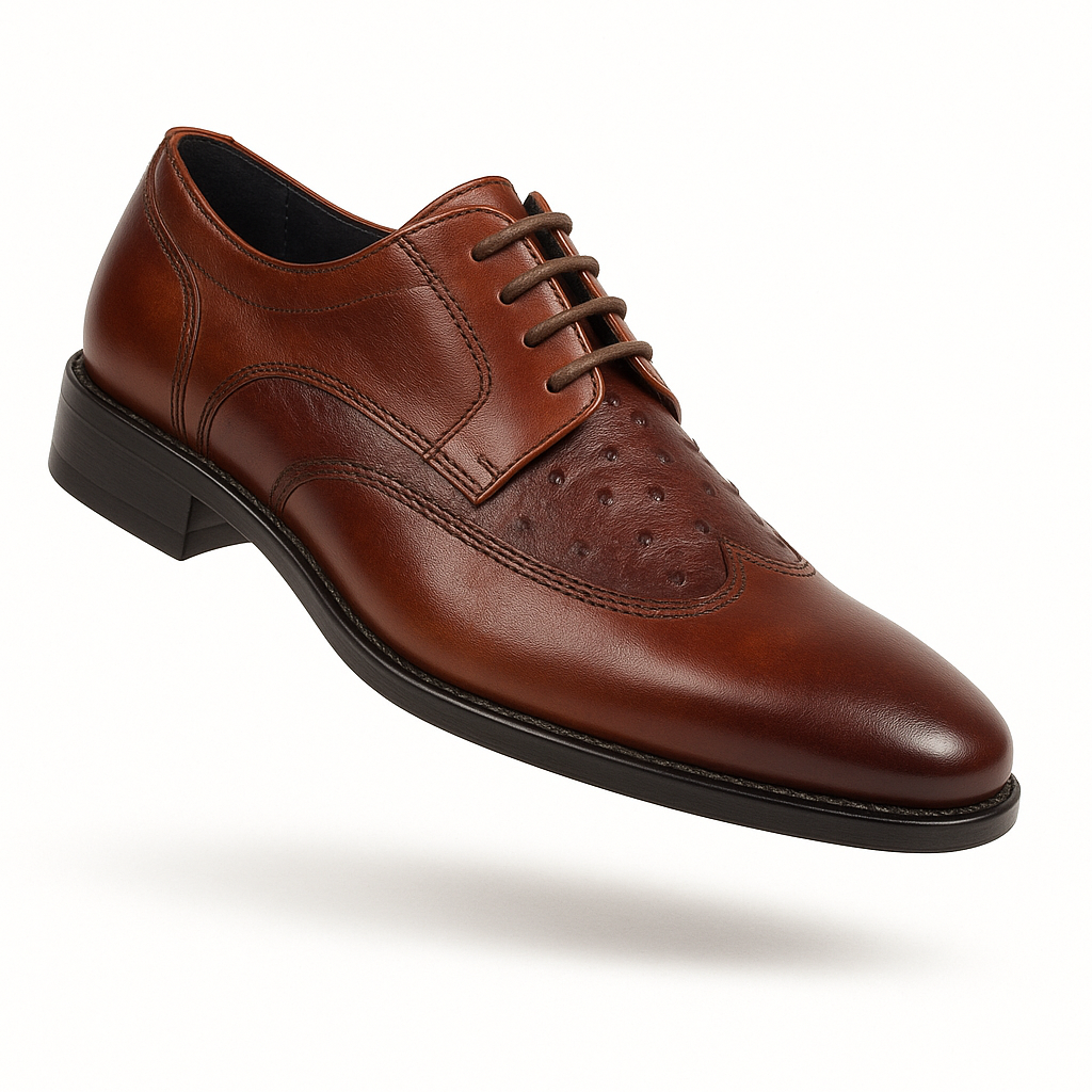Mens Carrucci Ostrich Embossed Leather Wingtip Dress Shoe in Oxblood - 8