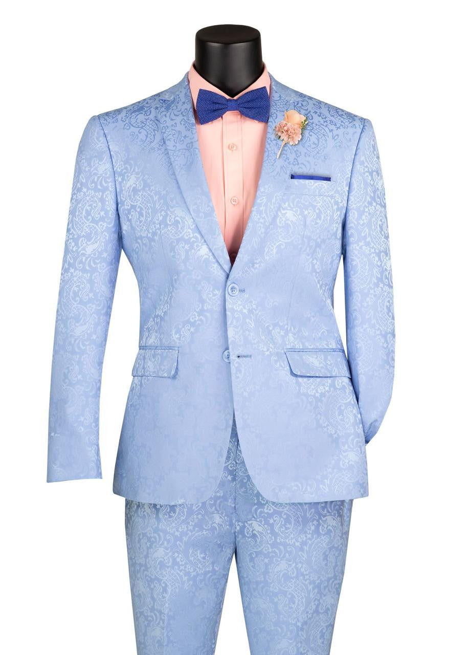 Mens Paisley Party Suit in Light Blue Slim Fit Formal Style