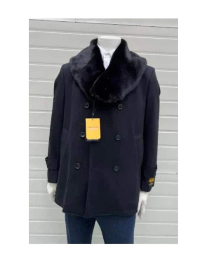 Mens Pea coats With Fur Collar - Wool Black Peacoats