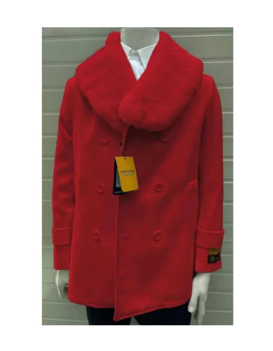 Mens Pea coats With Fur Collar - Wool Hot Red Peacoats