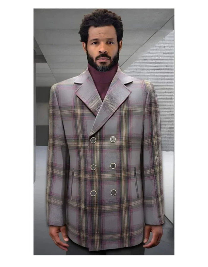 Mens Peacoat - Plaid Overcoats - Wool Carcoat Grey