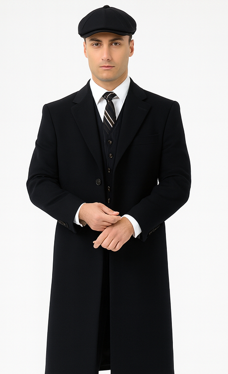 Mens Peaky Blinders Costume peaky blinder outfit - Include peaky blinder actor cap Thomas Shelby Black Herringbone Long Overcoat Outfit - 34 Short