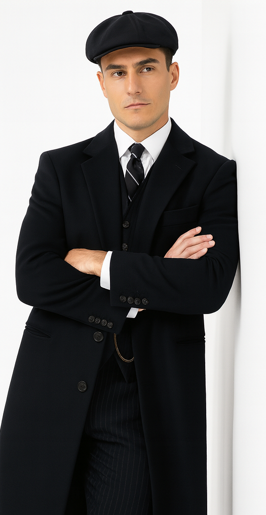 Mens Peaky Blinders Costume peaky blinder outfit - Include peaky blinder actor cap Thomas Shelby Black Herringbone Long Overcoat Outfit - 34 Short