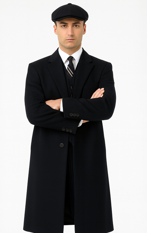 Mens Peaky Blinders Costume peaky blinder outfit - Include peaky blinder actor cap Thomas Shelby Black Herringbone Long Overcoat Outfit - 34 Short