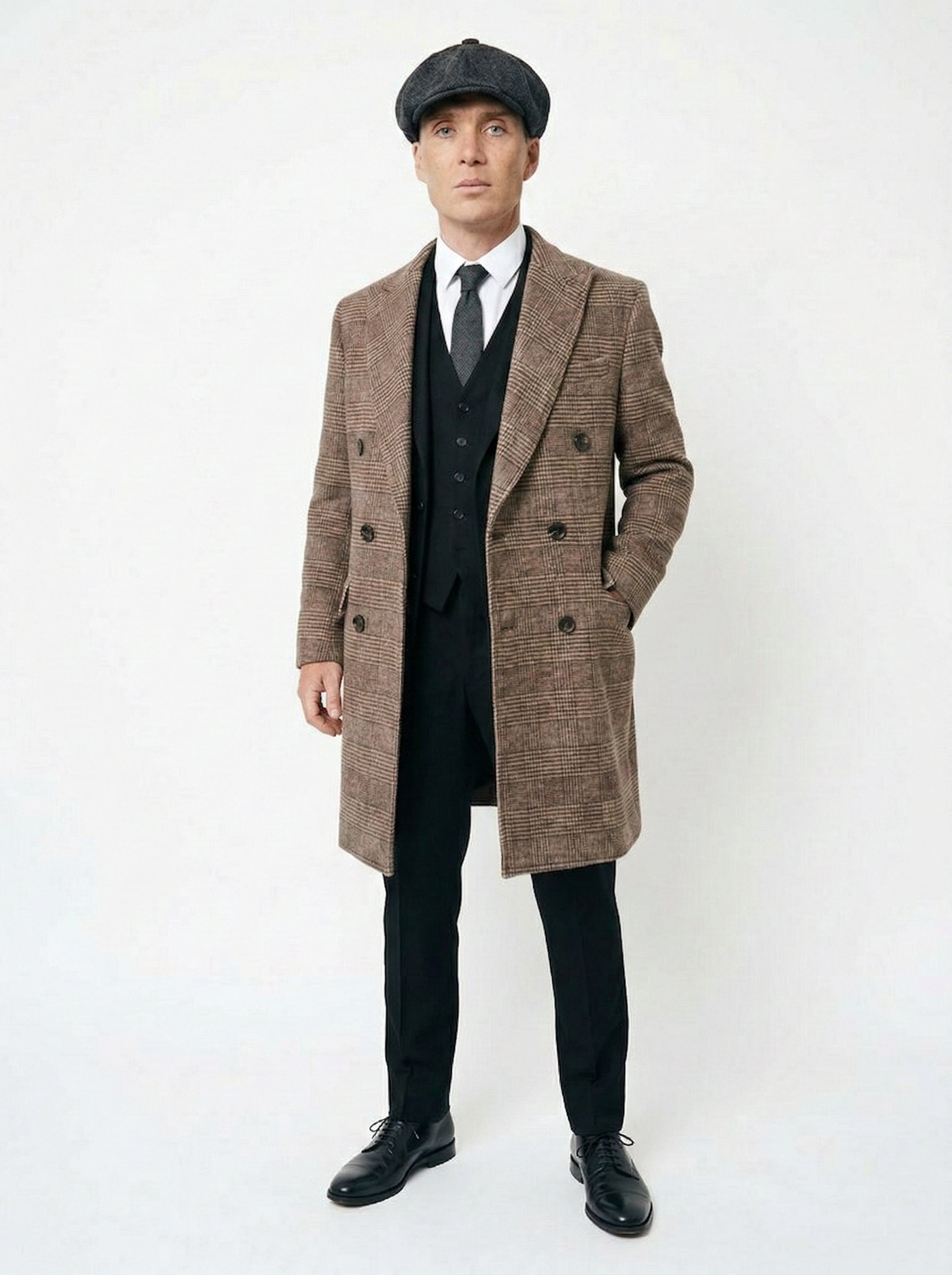Mens Peaky Blinders Gray Plaid Double Breasted Overcoat + Suit  Peaky Blinders Vintage Wool Blend Coat 1920's