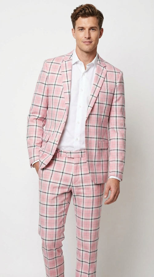Mens Pink and Black Plaid Designer Suit Set – Stylish Suit with Check Pattern Jacket and Windownpane Summer Color
